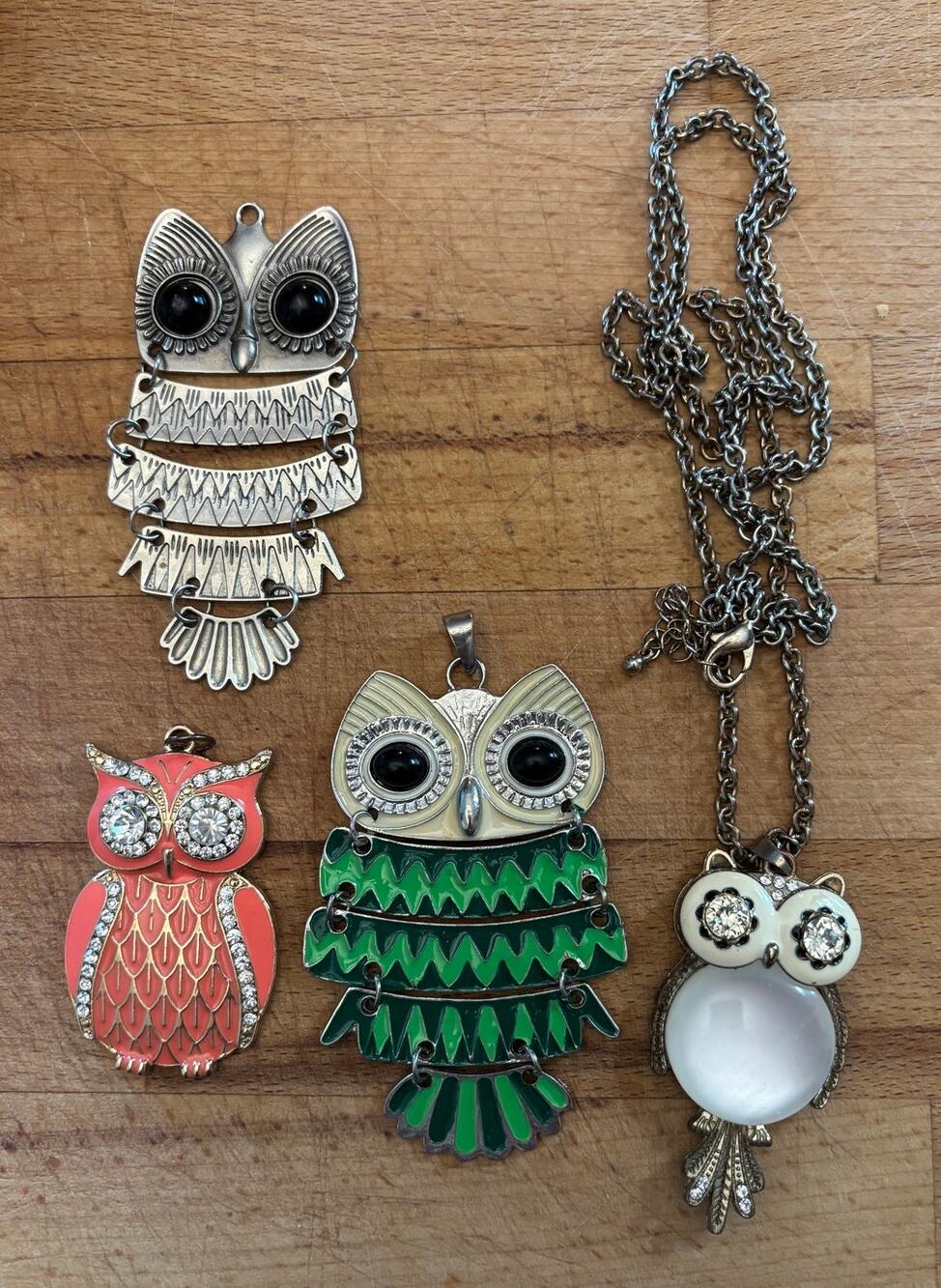 Vintage Owl Jewelry Lot 4 Pieces Pendants Necklace Enamel Rhinestone Articulated